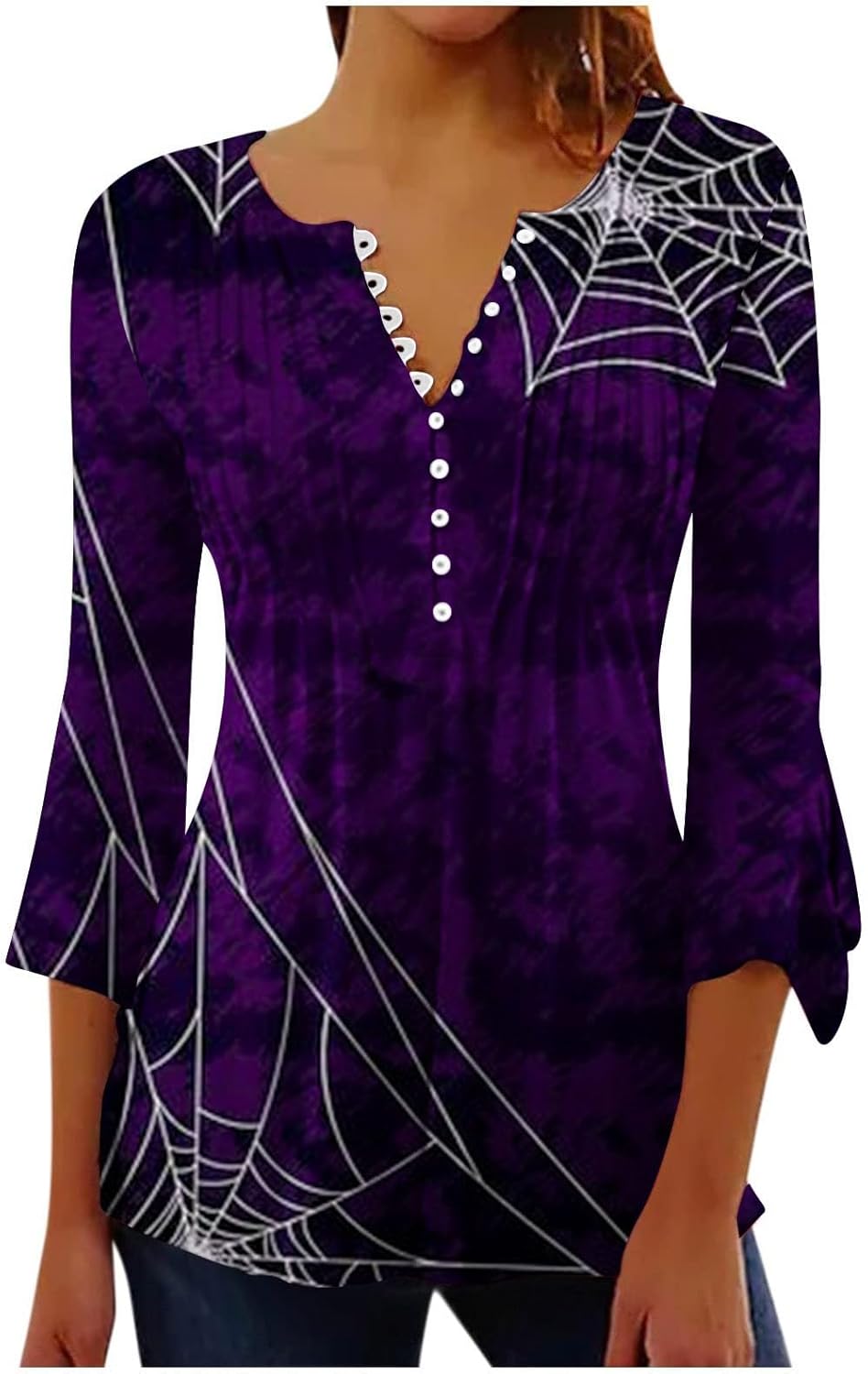 symoid Camisas de Halloween para mujer, manga 34, con botones, cuello en V, divertido gráfico de calabaza, plisadas, bohemias, camisas elegantes