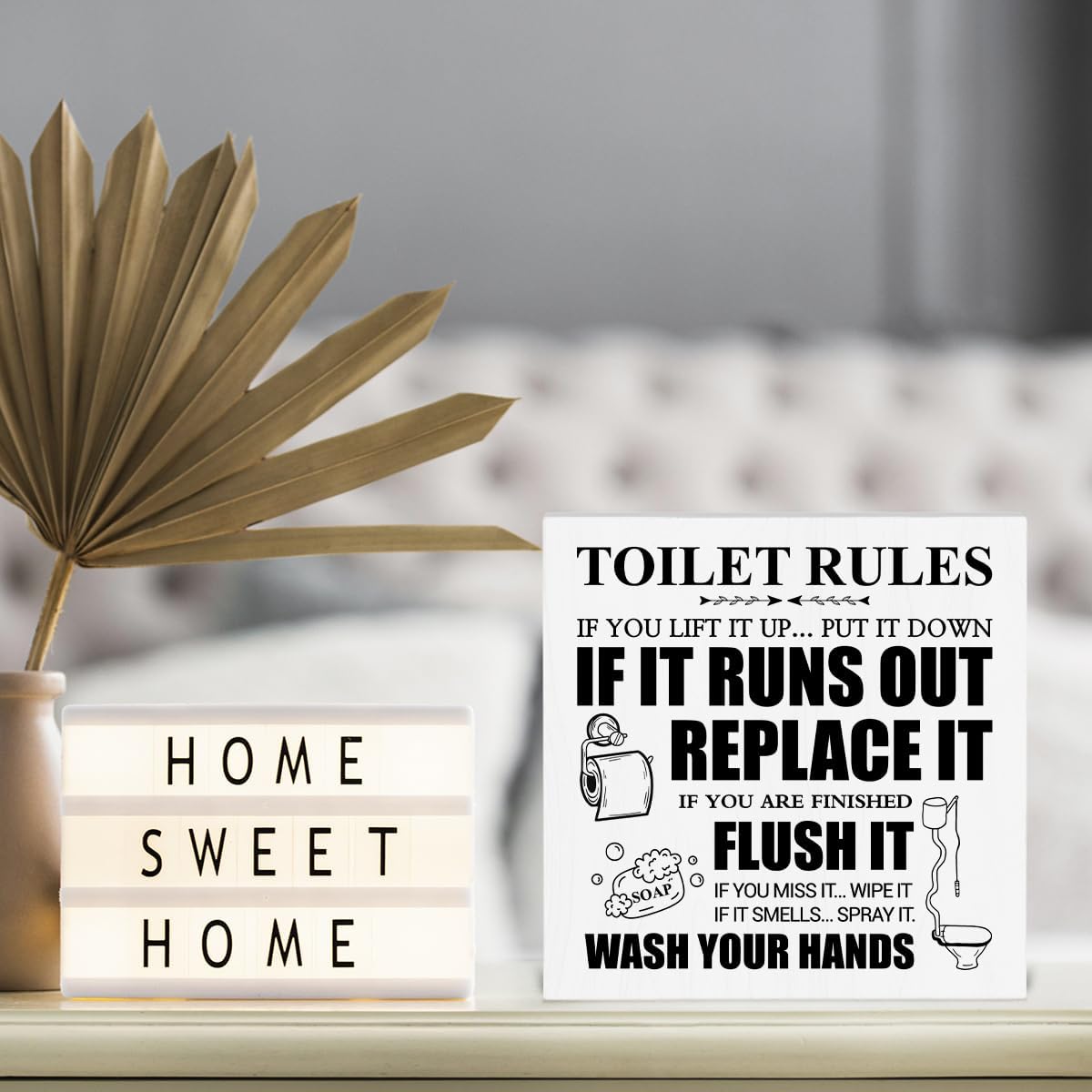 Toilet Rules – Placa de madera con texto en inglés “Toilet Rules”, letrero de caja de madera con cita de baño, letrero de estante de escritorio para