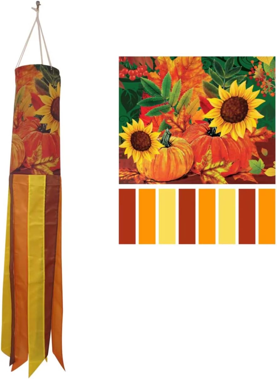Tela vibrante de 40 pulgadas para otoño y otoño, tiempo de cosecha de calabaza con media de viento de girasol con colas de colores amarillo, naranja