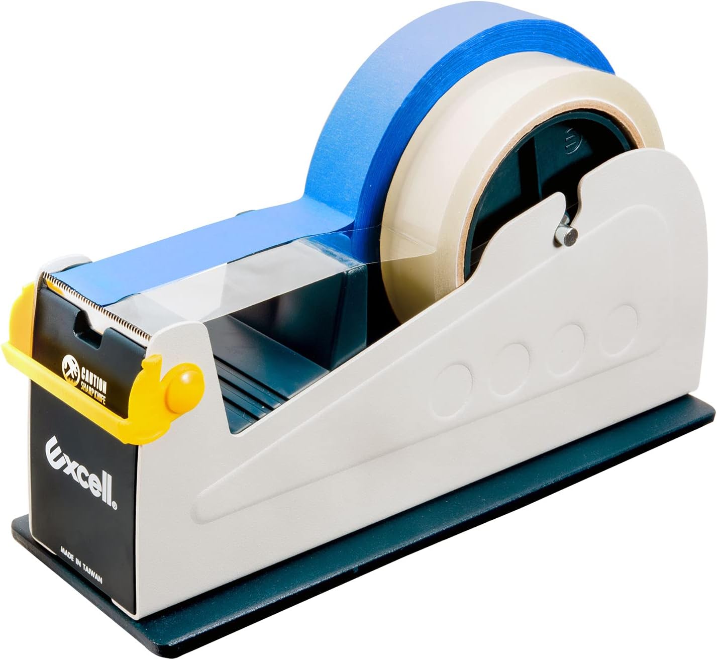 Excell Dispensador de cinta de escritorio de acero resistente (2 pulgadas de ancho) con cubierta de hoja de seguridad, dispensador superior de