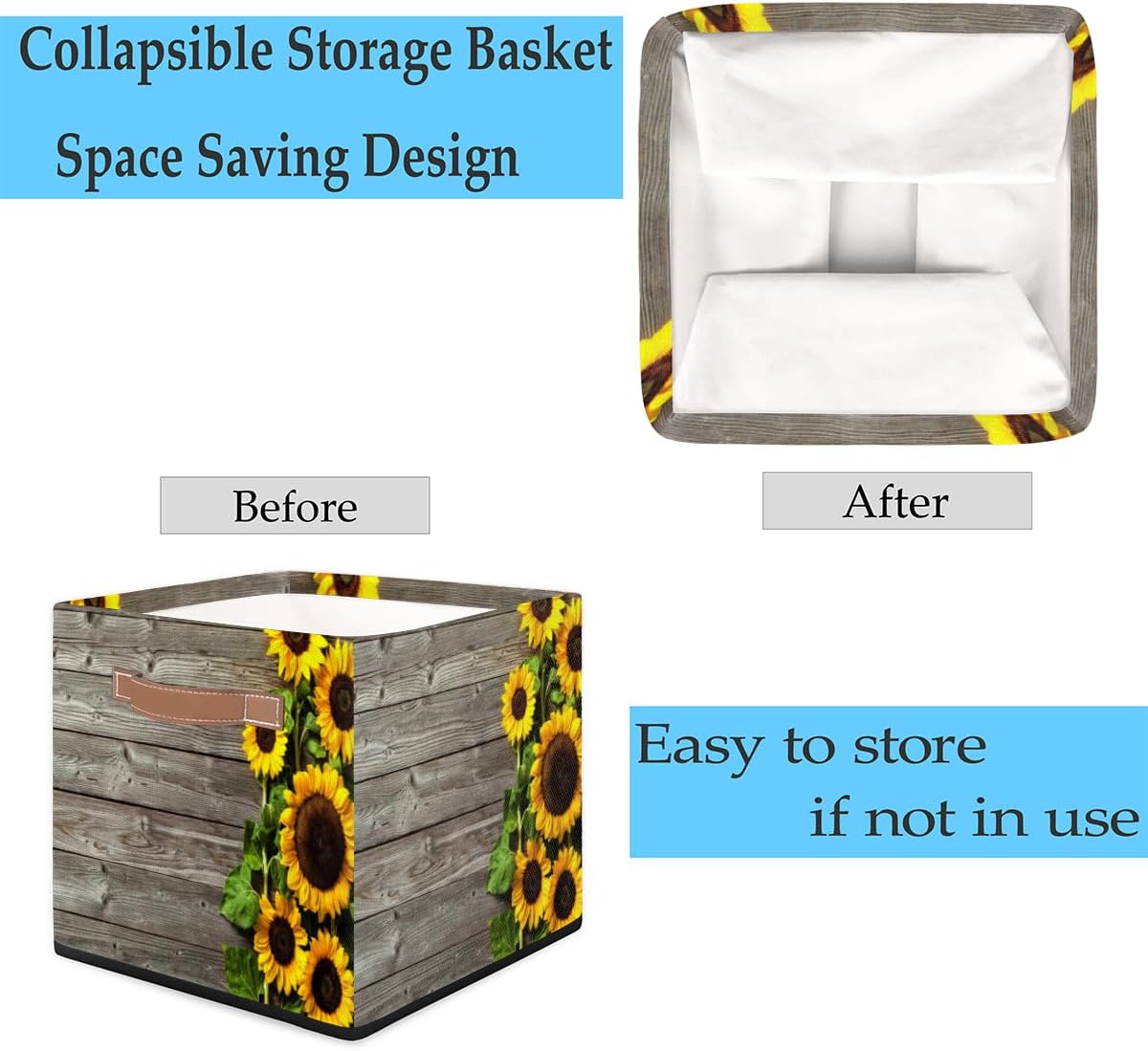 Aglebo Cesta de almacenamiento de girasol de madera, caja de almacenamiento plegable de tela de 13 x 13 x 13 pulgadas, cubos cuadrados con asas para