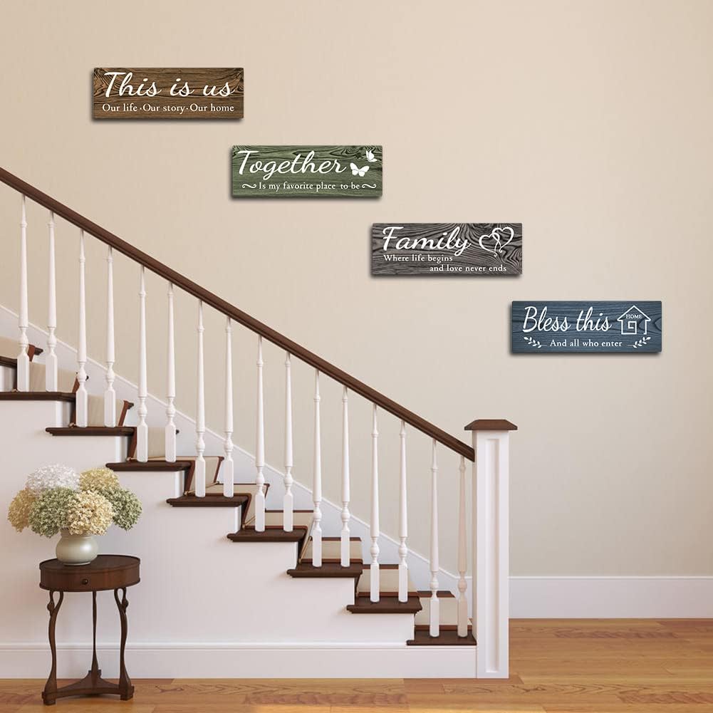 4 Pieces Home Wall Decor Signs, This is Us Together Bless this Family Rustic Wooden Wall Art with Quotes for Living Room Bedroom Kitchen Farmhouse