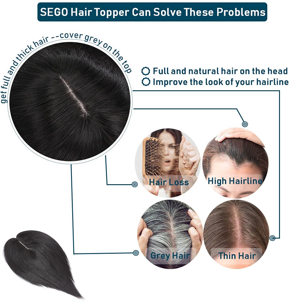 SEGO Toppers de cabello humano para mujeres con cabello fino, sin flequillo, 100% cabello humano real, pelucas de cabello humano superior, pelucas