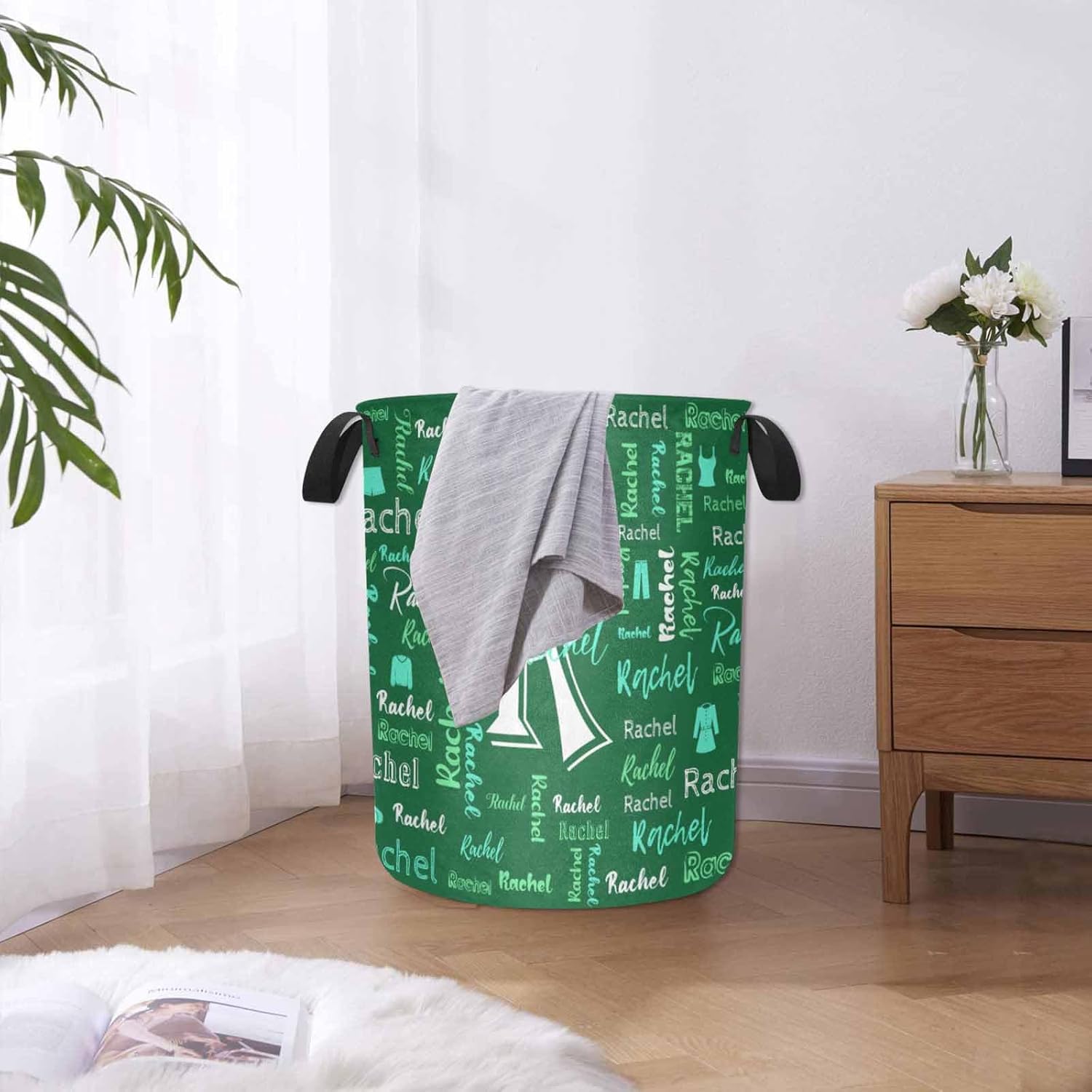MyPupSocks Cesta de lavandería con nombre personalizado, monograma inicial personalizado y cesta de lavandería verde y blanco para bebés para niñas