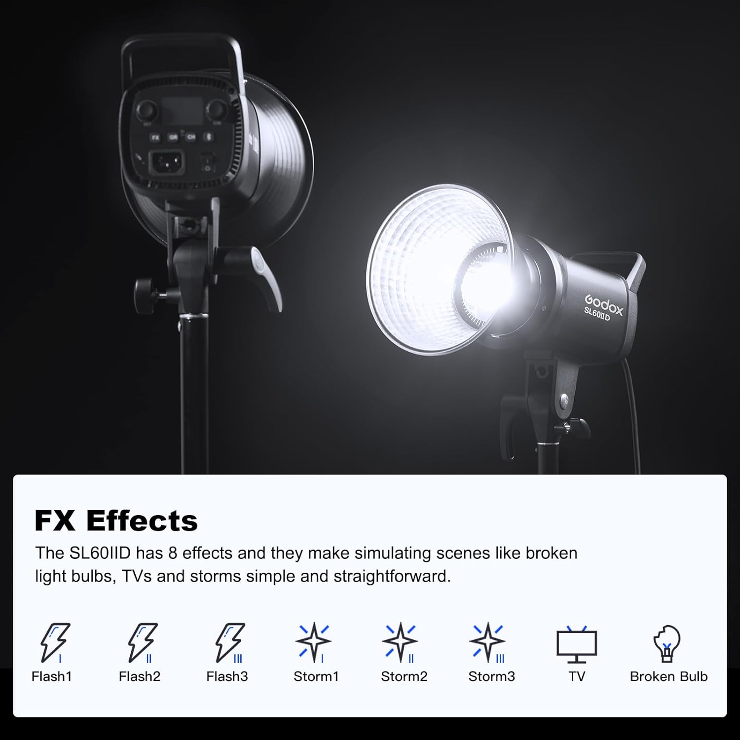 Godox Paquete de 3 luces LED SL60IID de video, 70 W, 5600 K  200 K, iluminación de estudio de fotografía con reflector, CRI96+, TLCI97+, 8 efectos