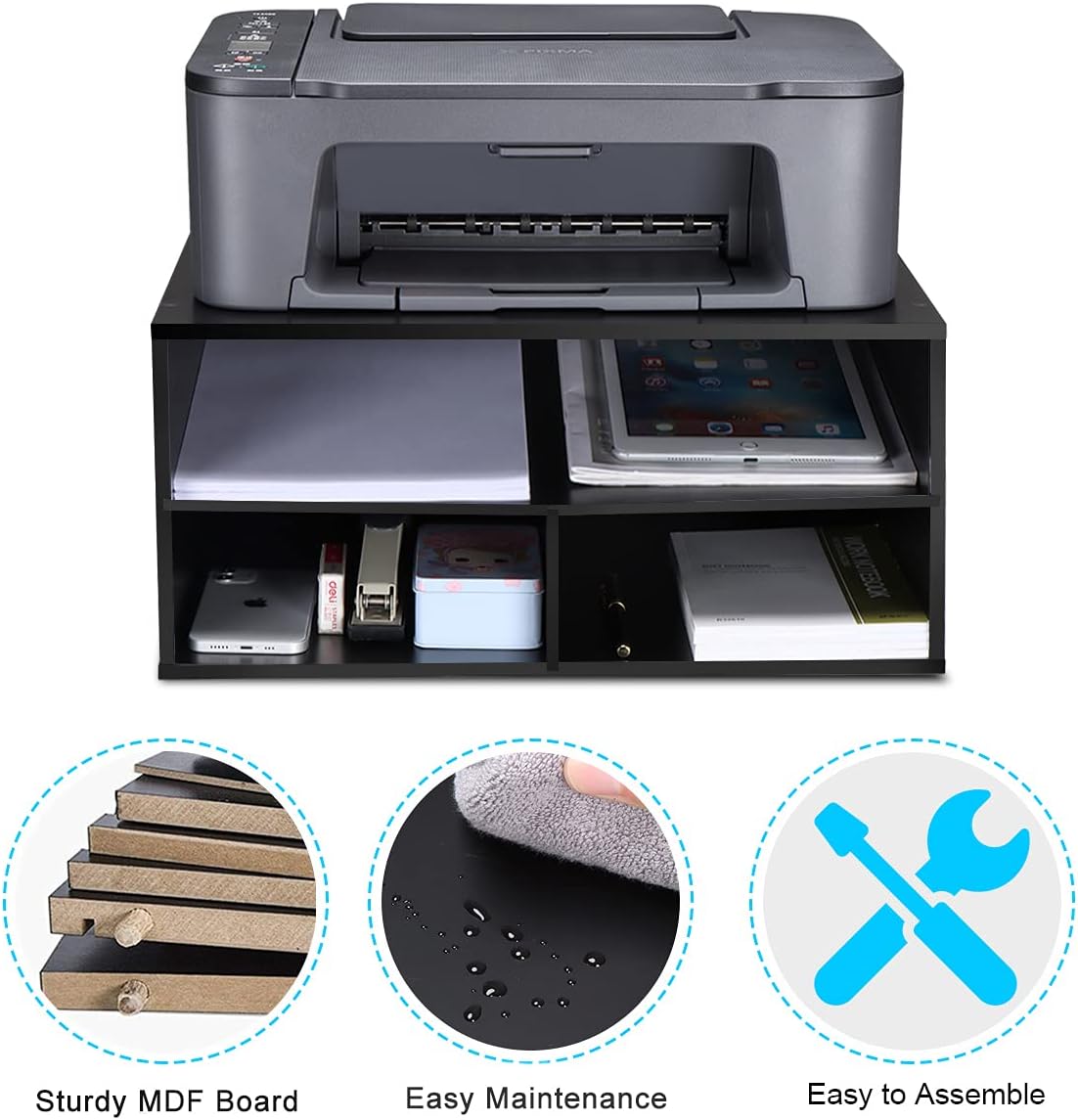 eMerit – Estantería de pie para impresora con organizador de papel de escritorio de madera para el hogaroficina, elevador de impresora, 2 neumáticos