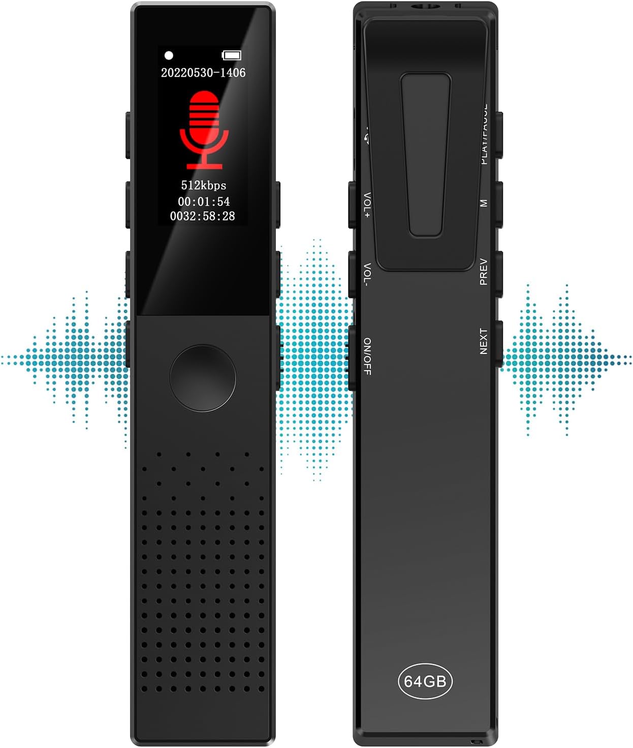 Grabadora de voz digital de 64 GB, grabación HD de audio de voz sin ruido de 3072 Kbps, grabadora activada por voz para 550 horas de capacidad de