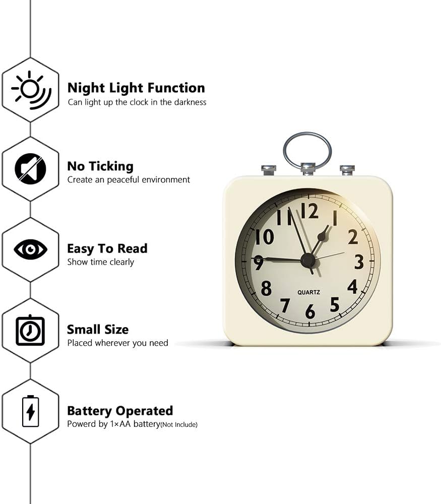AYRELY Reloj despertador a pilas con caja cuadrada de metal, cuarzo analógico sin tictac, operación simple para dormitorio, viajes, escritorio,