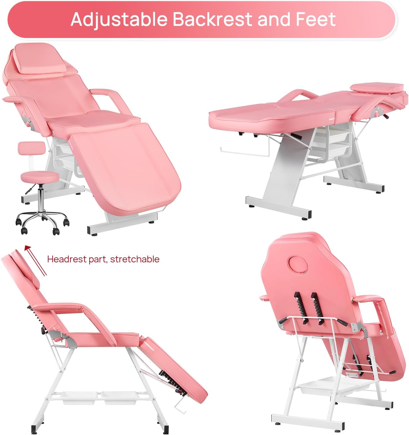 Silla facial para tatuaje, cama de masaje ajustable de 73 pulgadas para artista con taburete, cama facial para cliente, sillas de spa multiusos para