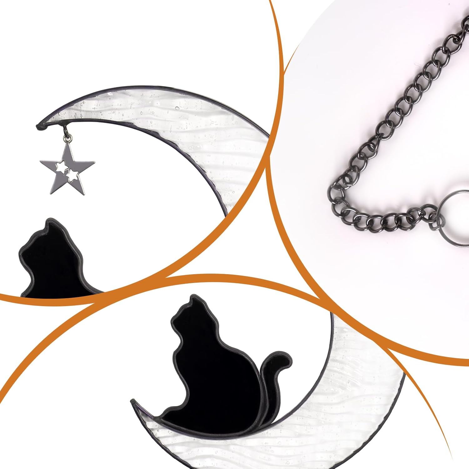 TWOQZ Gato de vidrieras en luna blanca, regalos de gato para amantes de los gatos, atrapasoles de gato negro hecho a mano para colgar ventanas de