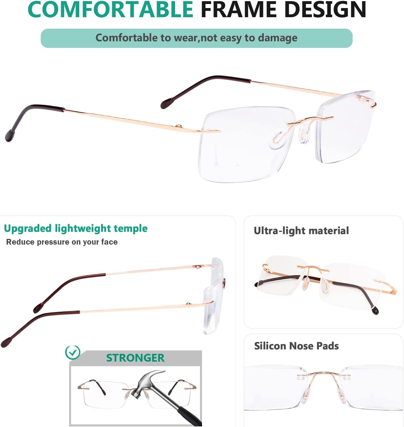 Eyekepper Gafas de lectura sin marco para hombre, lector rectangular sin montura – dorado +1.75