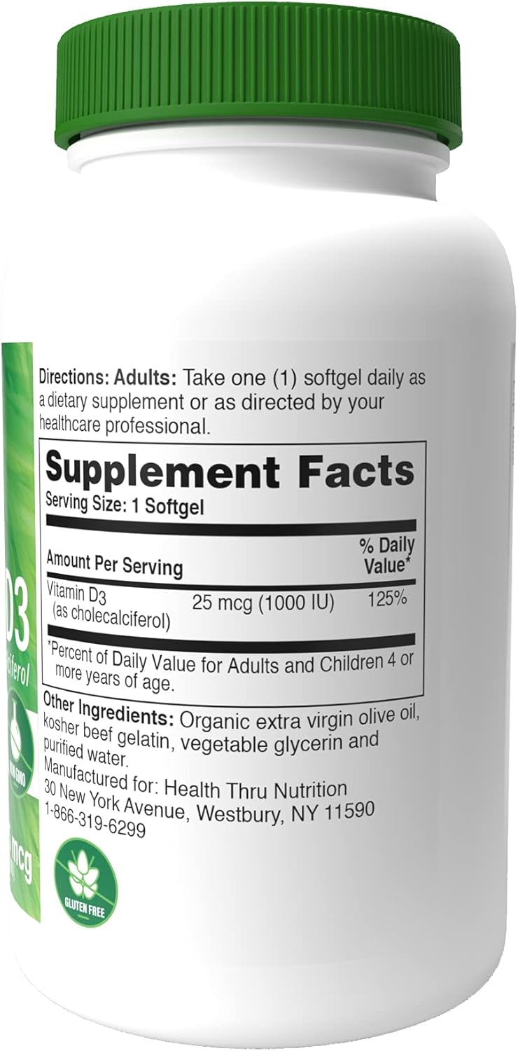 Health Thru Nutrition Vitamina D3 1,000iu 25mcg colecalciferol  Mini cápsulas blandas para un máximo beneficio  Probado en tercera parte  Grado USP