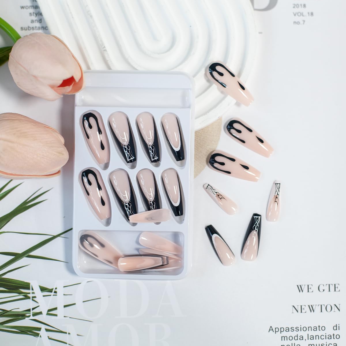 Uñas postizas a presión de Halloween, largas y cuadradas, con diseños de telaraña, fantasma, uñas acrílicas, uñas acrílicas negras con pegamento en