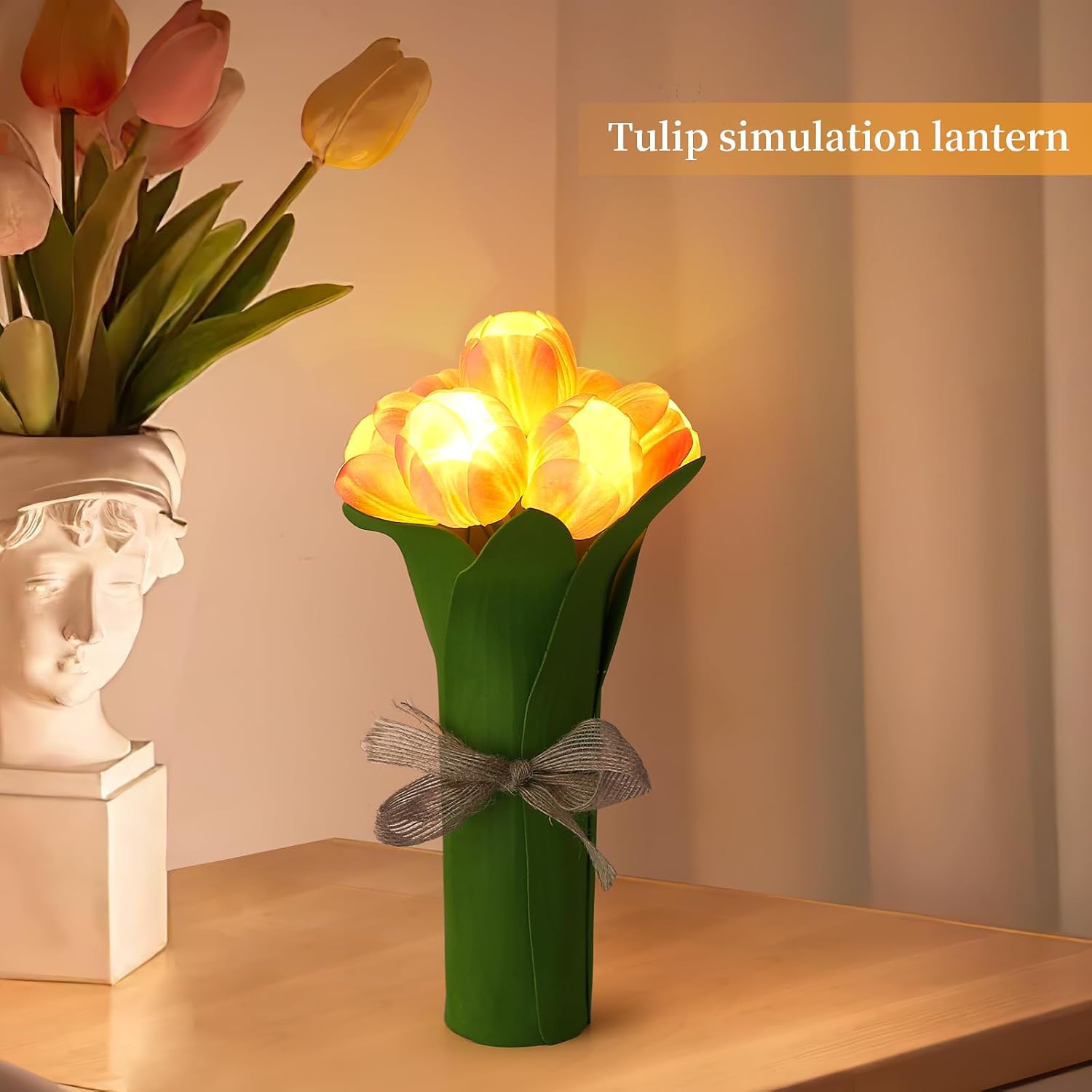 Lámpara de mesa de tulipán, lámpara de mesa LED con pilas, pequeñas luces de noche, lámpara de noche para dormitorio, decoración del hogar, boda,
