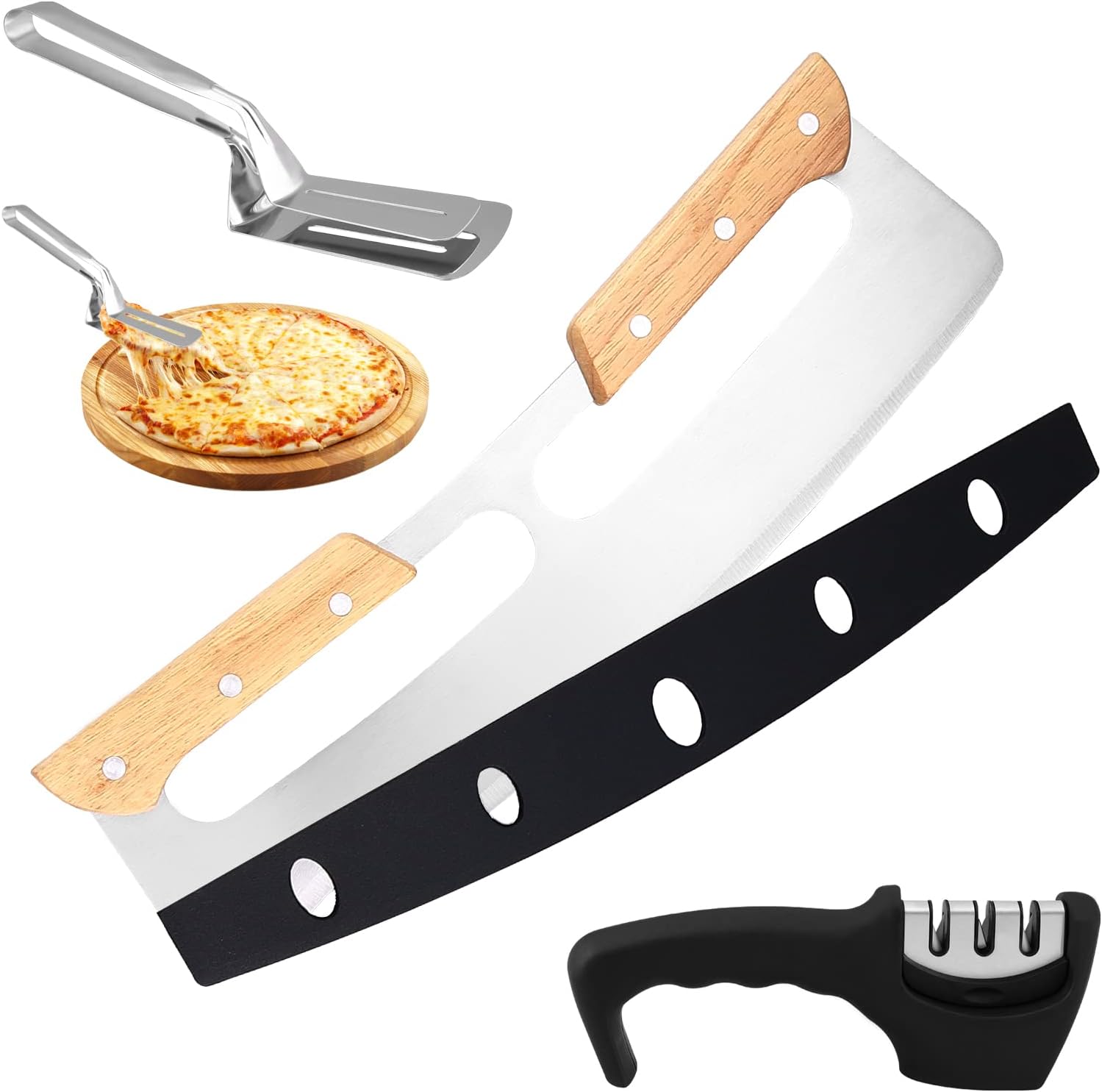 Cuchilla basculante para cortador de pizza de 14 pulgadas con mango de madera, rueda para rebanar pizza, cuchillo grande de acero inoxidable con