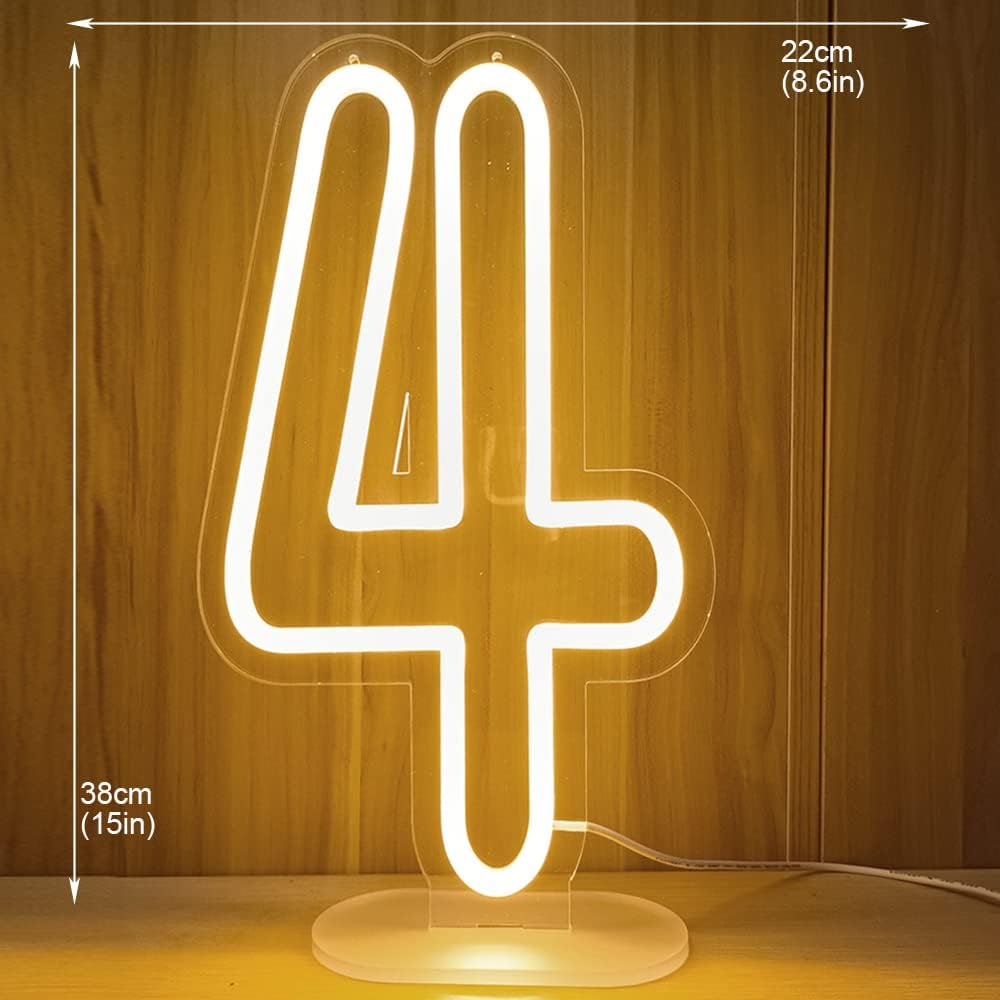 Letrero de neón con el número 4 para cumpleaños, boda, fiesta, decoración de pared, luz LED cálida, con número USB, regulable, 8.5 x 15 pulgadas