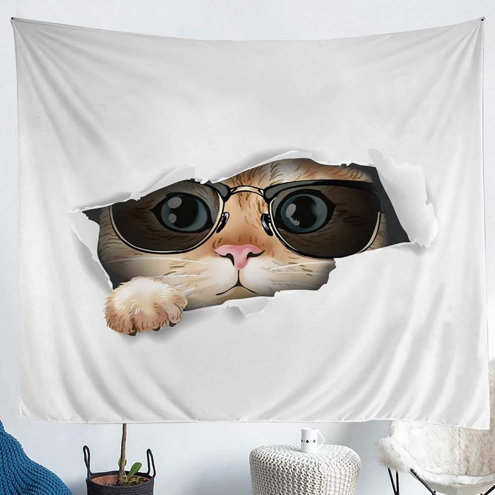 Homewish Cute Cat Wall Hanging for Bedroom Living Room Paper Ripped Off with Cat Wall Blanket Tapestries Animal Theme Tapestry Microfiber Home Wall