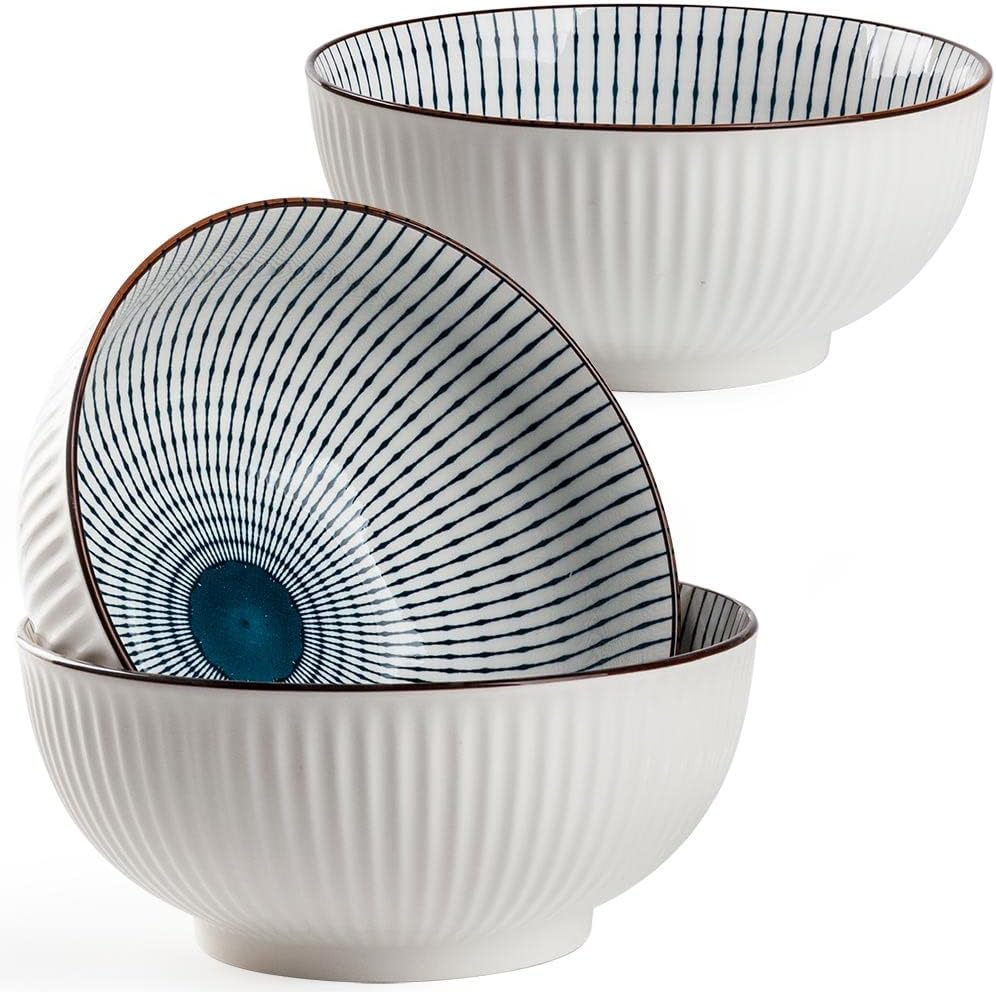 Tazón de sopa grande de 60 onzas, cuencos Pho, juego de cuencos de ramen japonés, juego de 3 cuencos grandes de porcelana, 8 pulgadas, patrón de