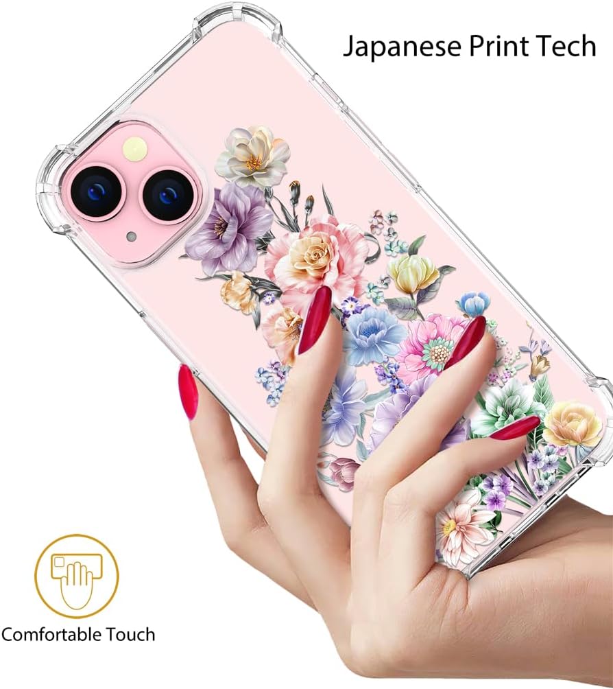Funda compatible con iPhone 15, diseño floral lindo transparente para mujeres, niñas de diseñador, funda transparente de diseño floral, teléfono 15