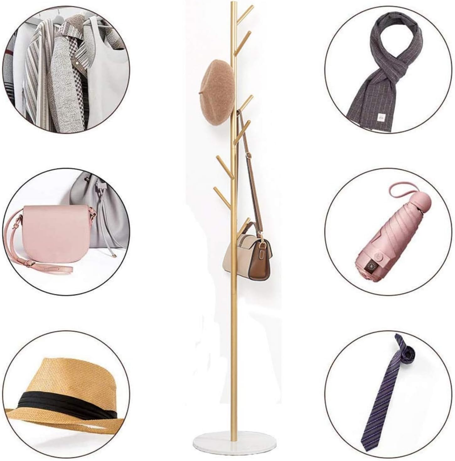 Perchero de latón antiguo, 8 ganchos, soporte de base de mármol para abrigos, sombreros, bufandas, ropa, B