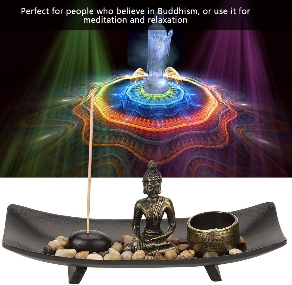 Juego de velas de Buda con Buda de resina, soporte de candelita de cristal, barra de incienso y soporte, piedras decorativas para decoración del