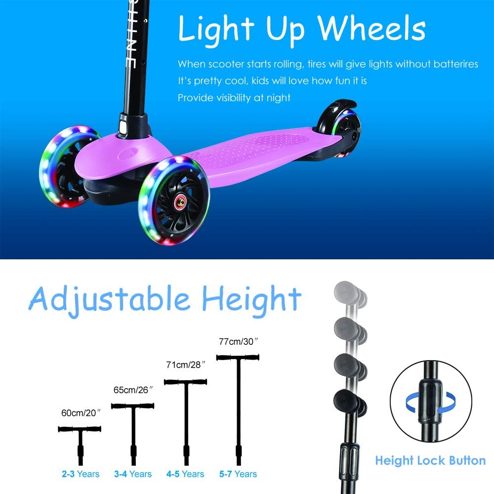 Patinete de 3 ruedas para niños de 3 a 5 años, scooter con ruedas de luz LED, scooter para niños con altura ajustable, inclinación para conducir,