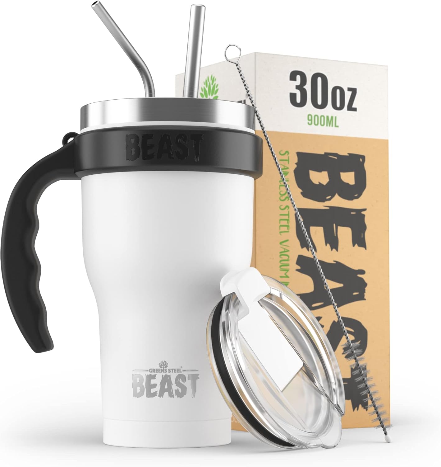 BEAST – Juego de vasos de 30 onzas con asa, color blanco ártico, taza de café de acero inoxidable + 2 cepillos para popotes, caja de regalo y mango