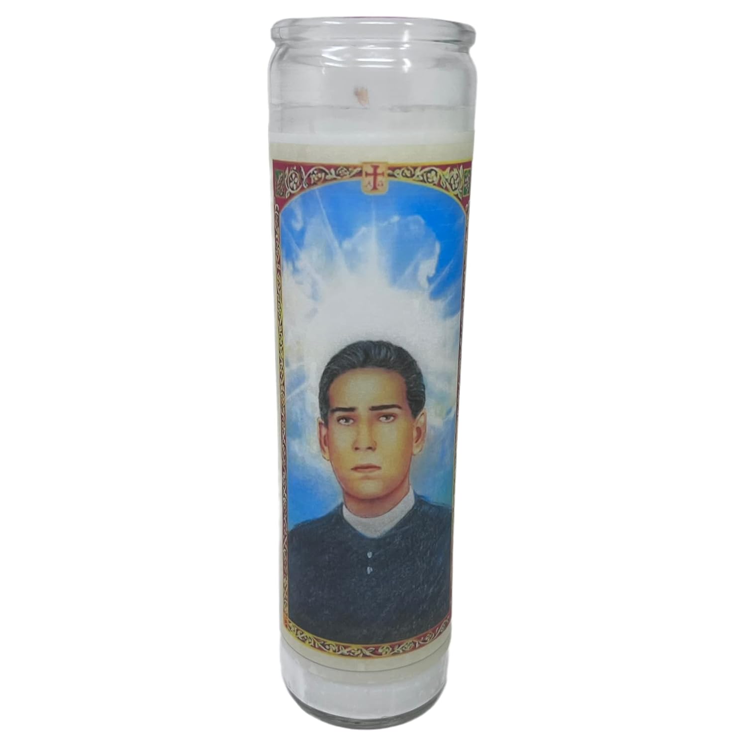 veladora de rezo Santo toribio Romo Patrono de los inmigrantes oración en español al reverso veladora blanca sin aroma