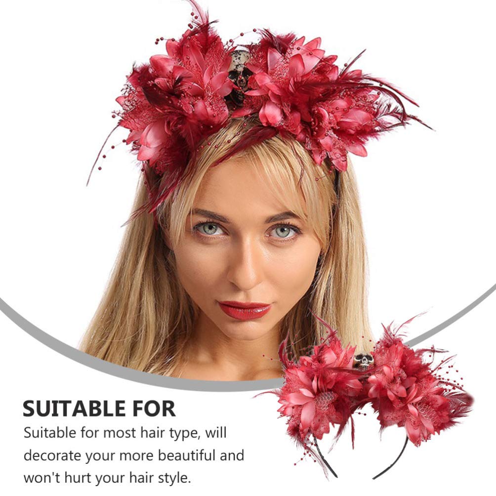 Lurrose Diademas para disfraz de Halloween, diseño de calavera y plumas de flores, corona de flores mexicanas, Dia de Los Muertos, diadema de rosas