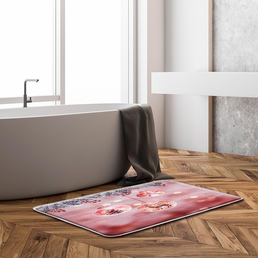 Sunhe Tapete de baño de Navidad para invierno, bola de Navidad, ciervo, alce, gris, pino, rama, baya, estrella, vacaciones de invierno, ensueño,