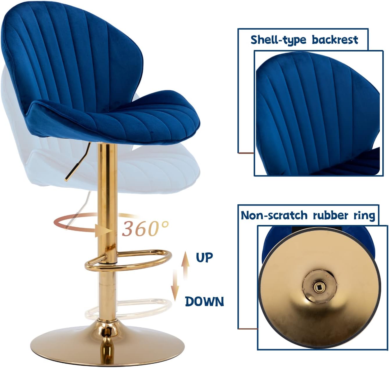 CIMOTA Juego de 2 taburetes de bar dorados de altura ajustable, taburetes de bar modernos con forma de concha, taburetes de cocina para isla, hogar,