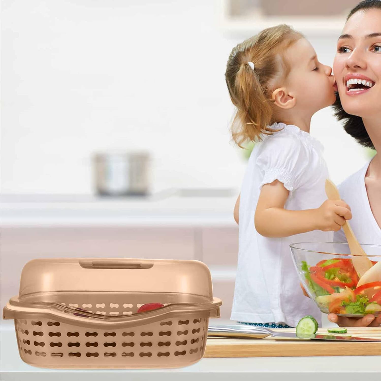YARDWE Estante para tapa de cocina, colador con tapa, estante de secado de botellas, cesta de almacenamiento para frutas, verduras, color caqui,