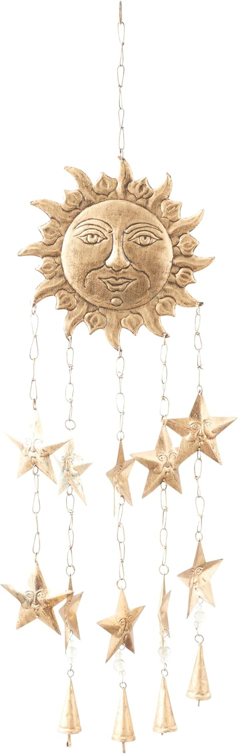 Deco 79 Carillón de viento de metal para interiores y exteriores con cuentas de vidrio y campanas de cono, 14 x 1 x 35 pulgadas, dorado