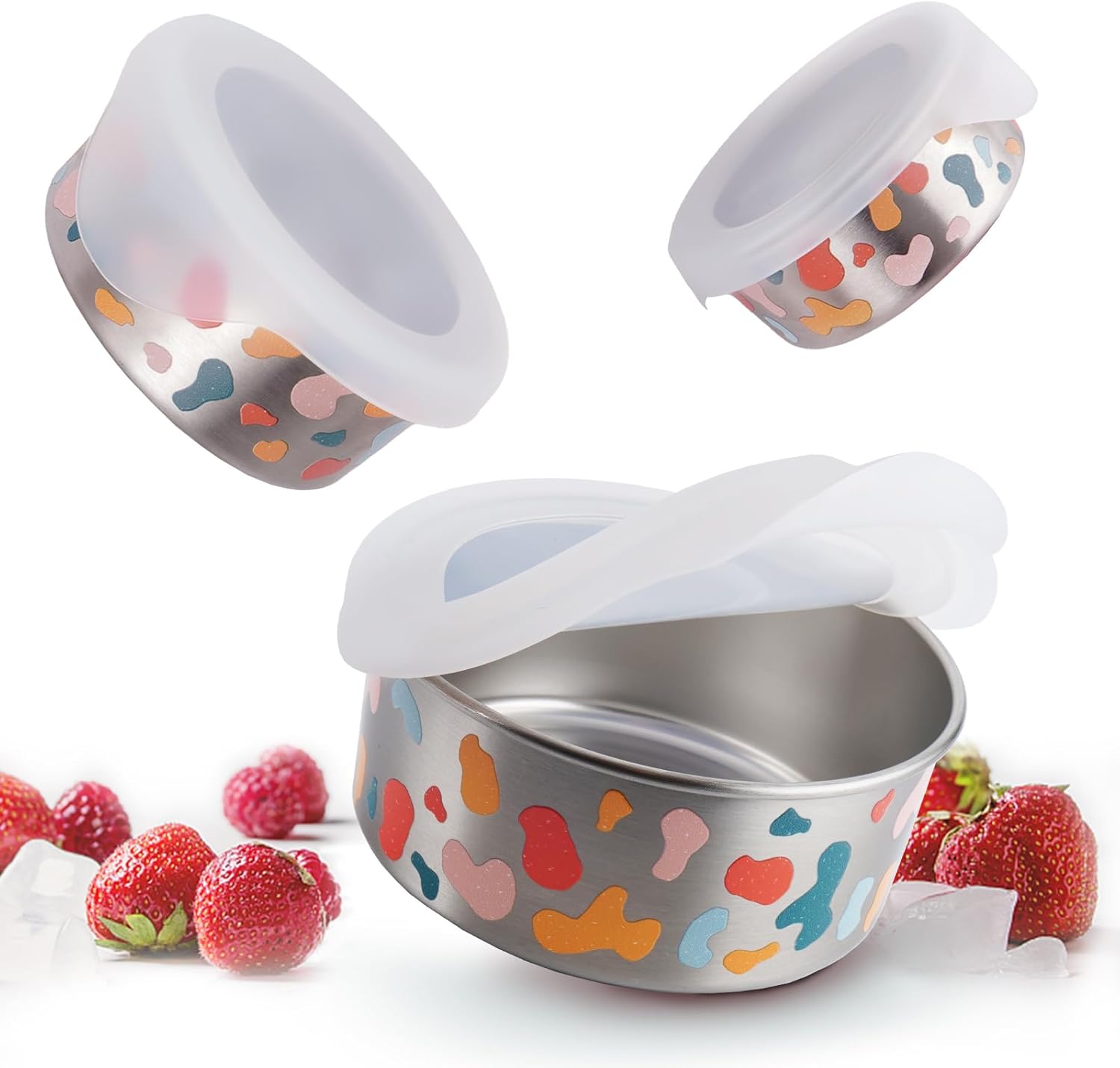 Paquete de 3 recipientes de acero inoxidable (18 oz10 oz5.5 onzas) para almacenamiento de aperitivos para adultos y niños con tapas de silicona,