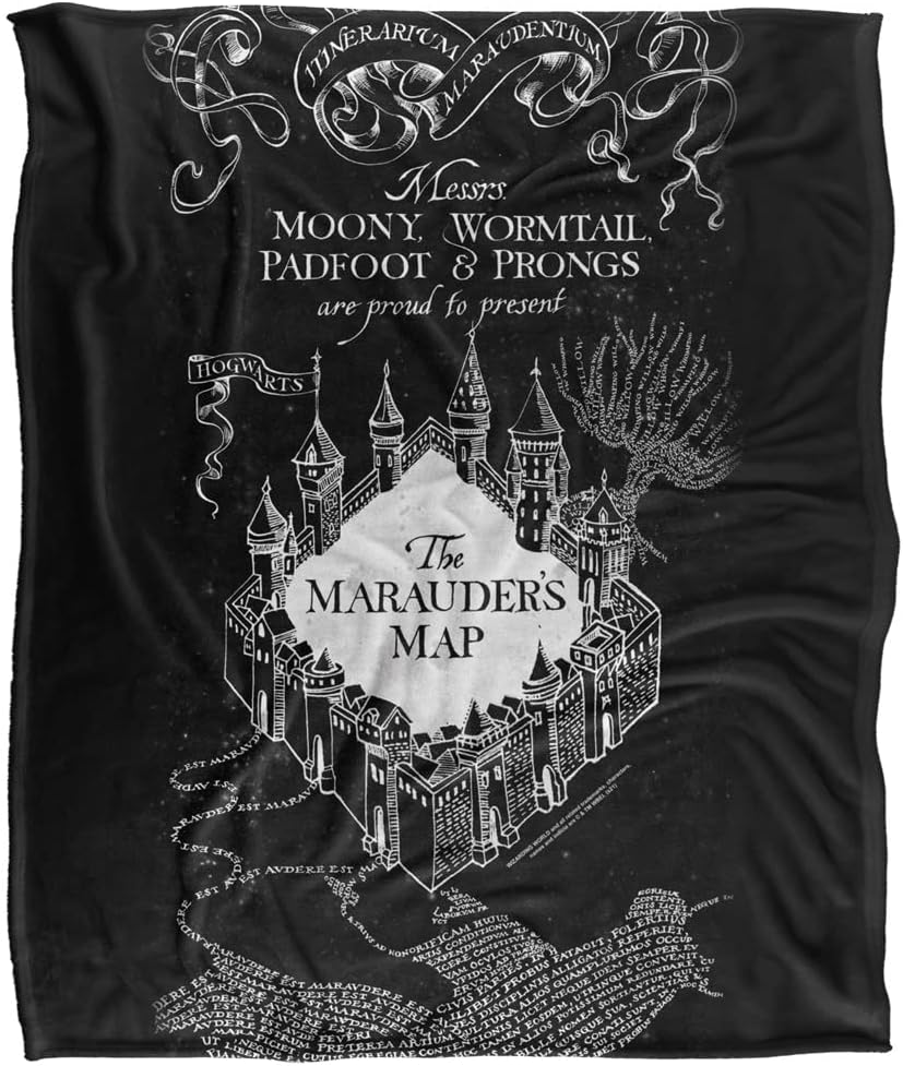 Manta de Harry Potter con licencia oficial de mapa blanco y negro, tacto sedoso, manta súper suave, 50 x 60 pulgadas