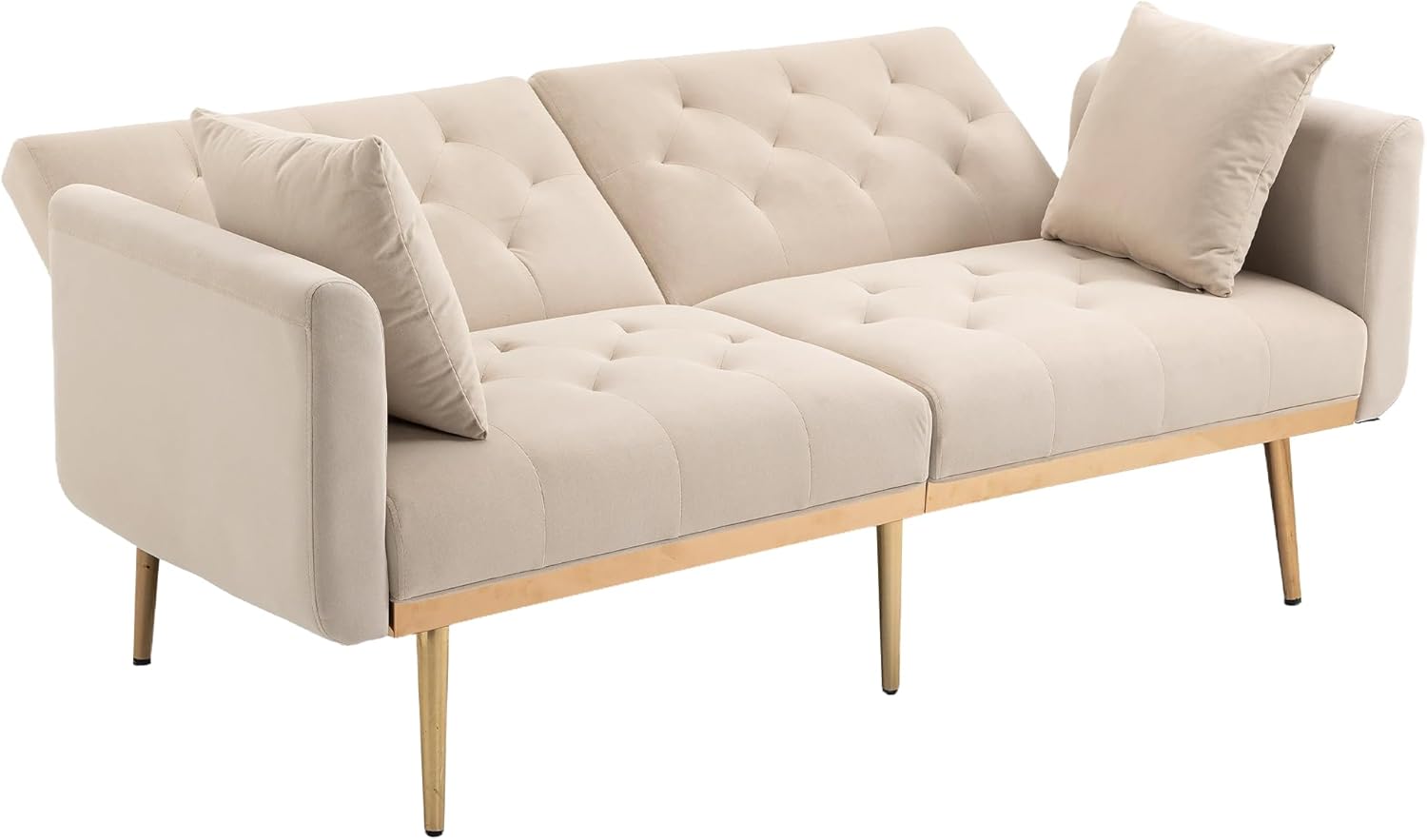 Kakotito Sofá biplaza de terciopelo moderno de mediados de siglo, sofá pequeño con 7 patas de metal dorado (beige)