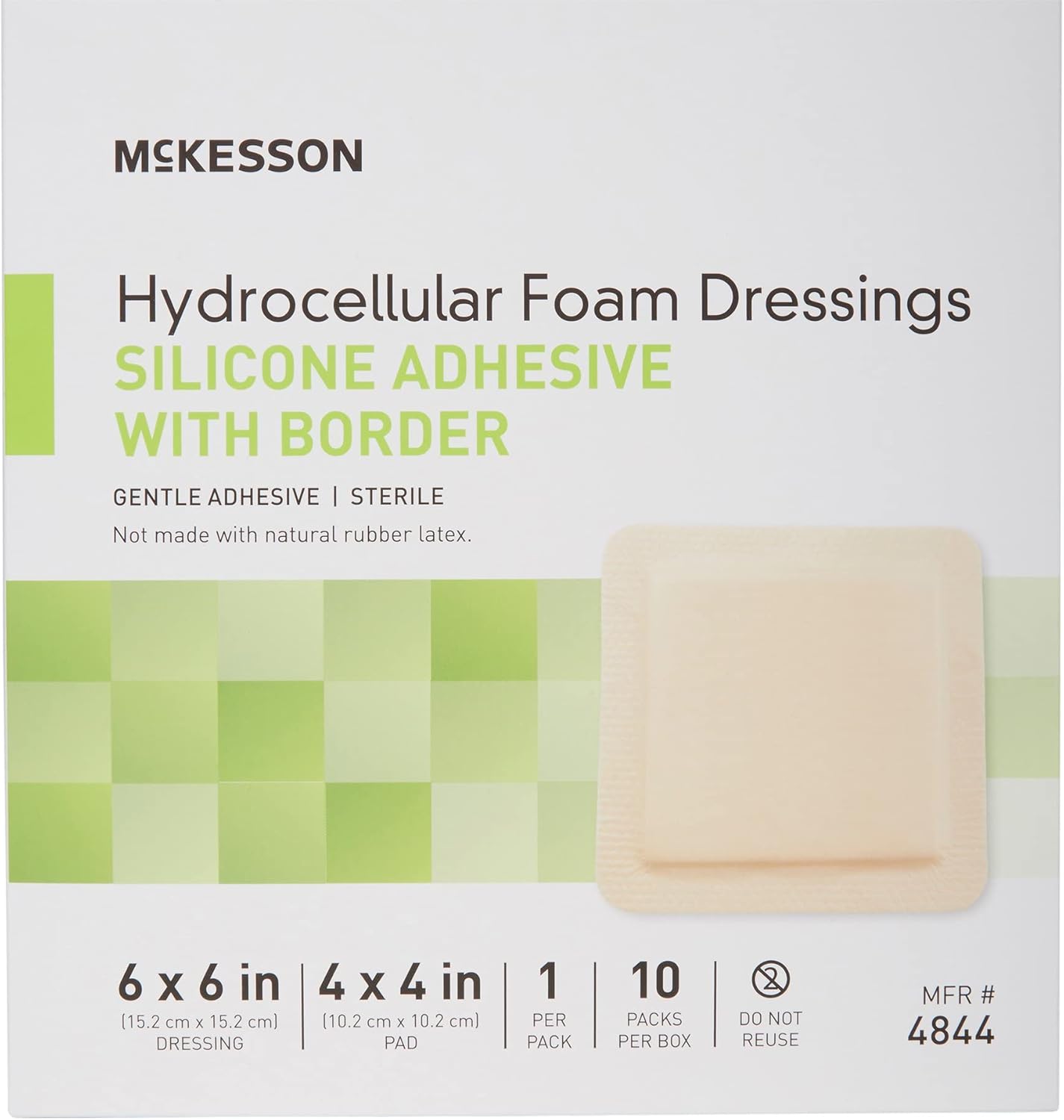 McKesson Apósitos de espuma hidrocelular, estéril, adhesivo de silicona con borde, dimensión 6 x 6 pulgadas, almohadilla de 4 x 4 pulgadas, 10