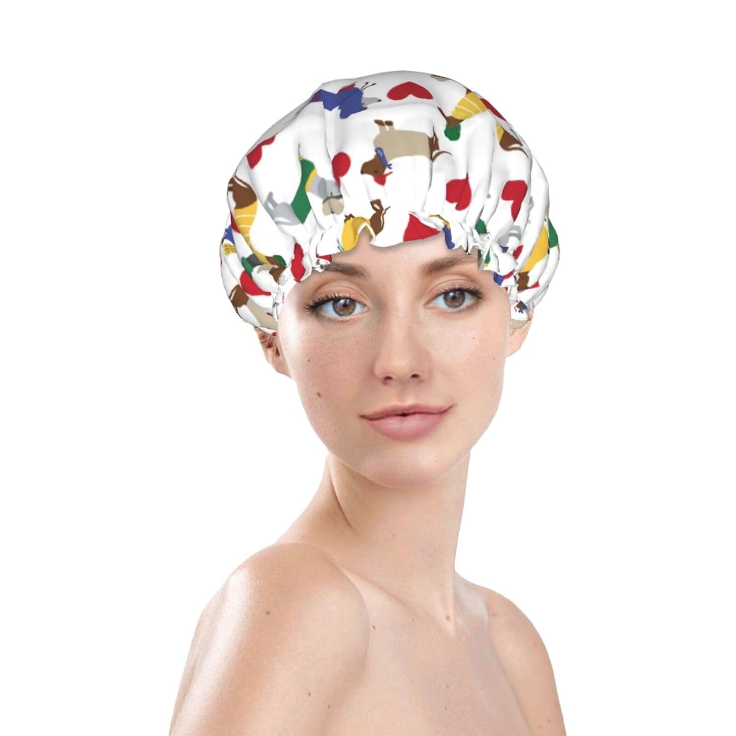 Lovely Dachshund Dog Shower Cap For Women Adjustable Double Waterproof Layers Bathing Shower Hat Hair Protection Reusable Ladies Spa Salon Shower Hat