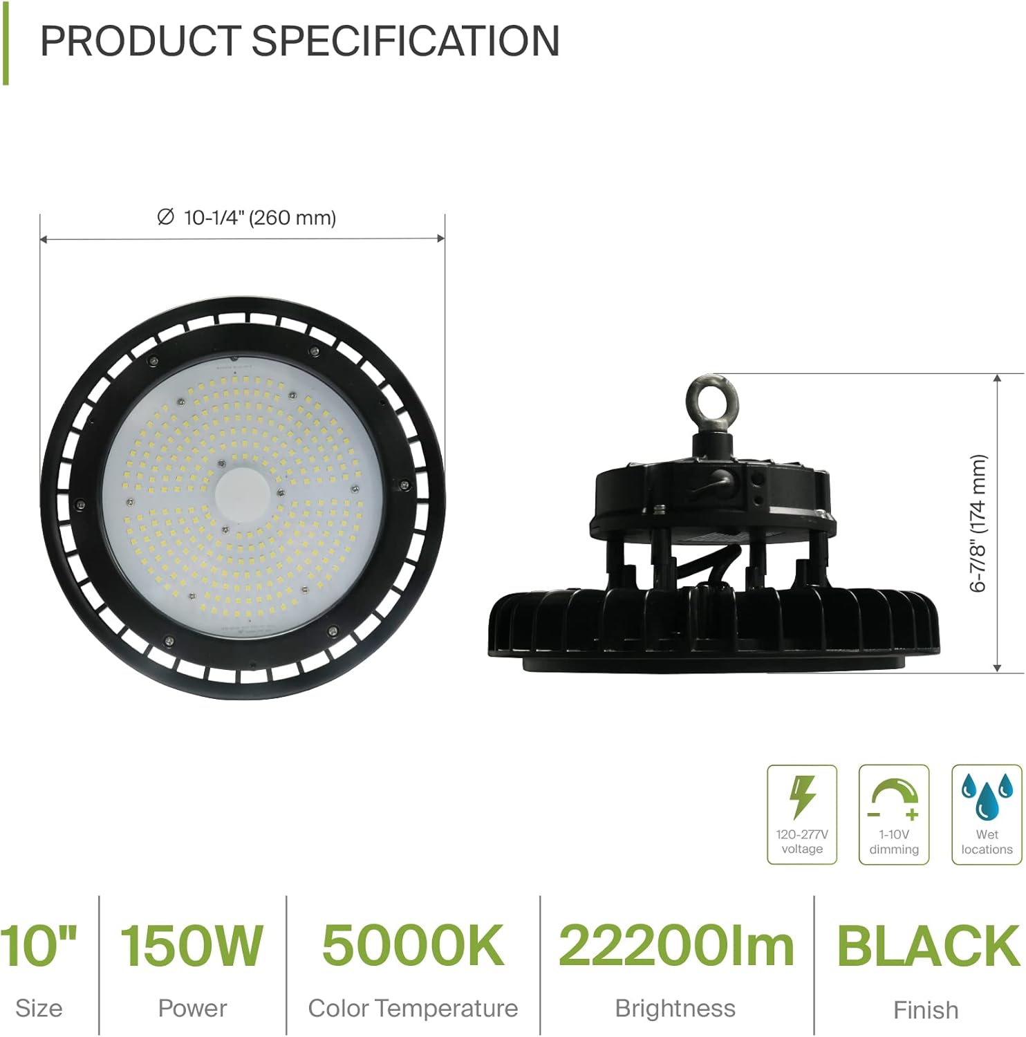 ASD UFO LED High Bay Light 150w 19,479lm 5000K, 1-10V regulable, 120-277V, luz de área de almacén comercial impermeable IP69K Eqw.500W MHHPS, cuerda