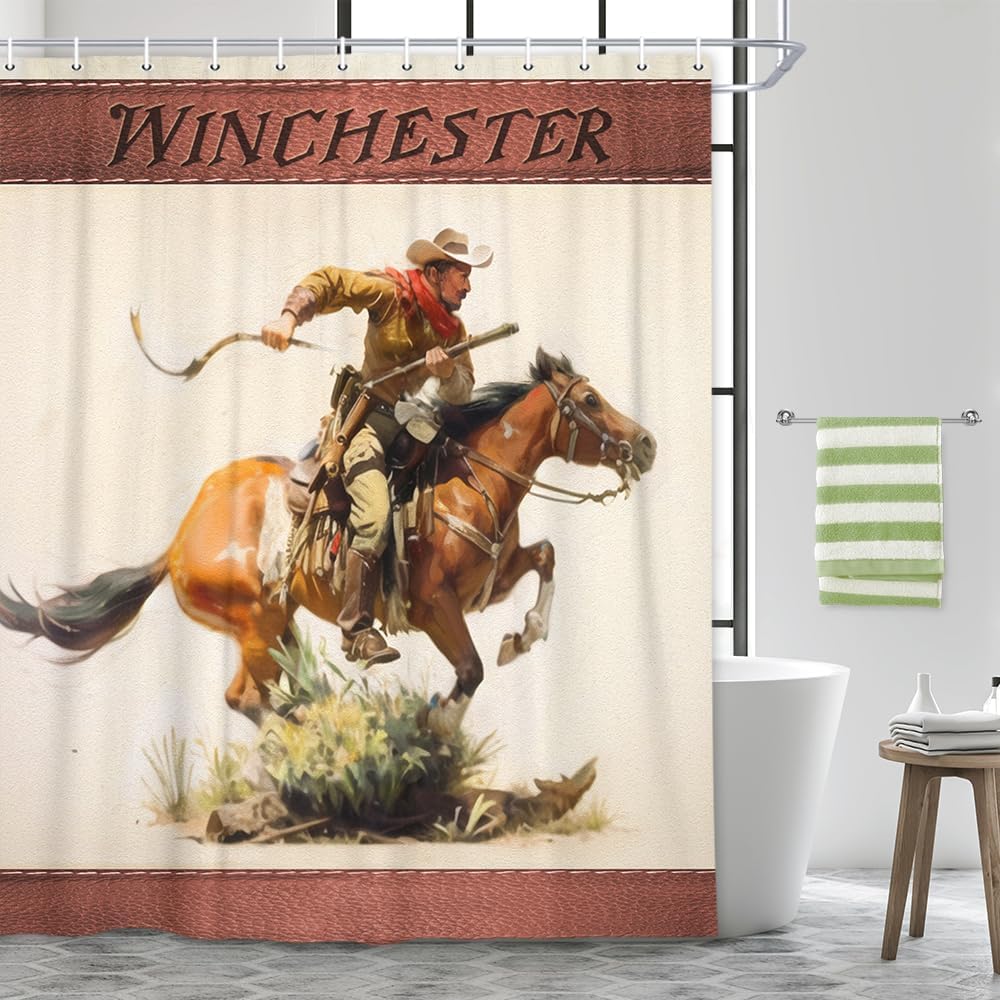 JAWO Juego de cortinas de ducha occidentales con diseño de vaquero con pistola a caballo, retro, vintage, decoración de baño con temática del