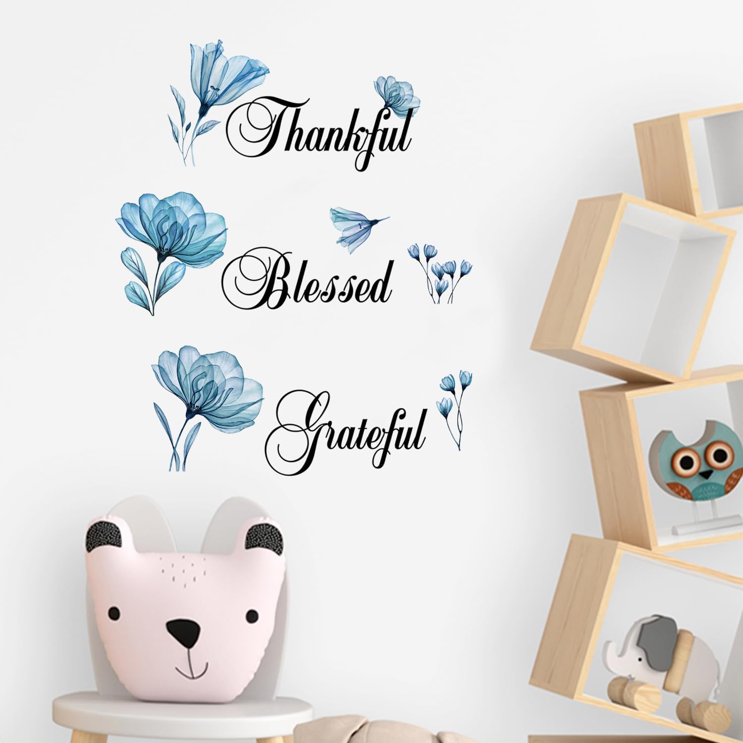 Thankful Grateful Blessed – Adhesivo decorativo motivacional para pared, diseño de flores azules, mariposas, despegar y pegar, decoración de pared