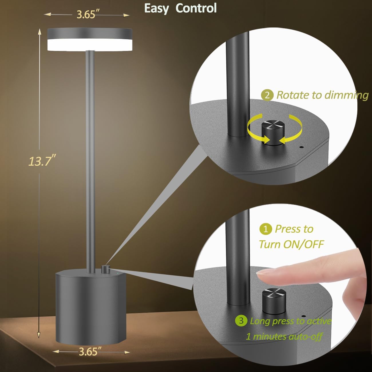Lámpara de mesa inalámbrica de alta calidad, de larga duración, 6000 mAh, recargable, funciona con pilas, atenuación de hasta 70 horas, luz de mesa