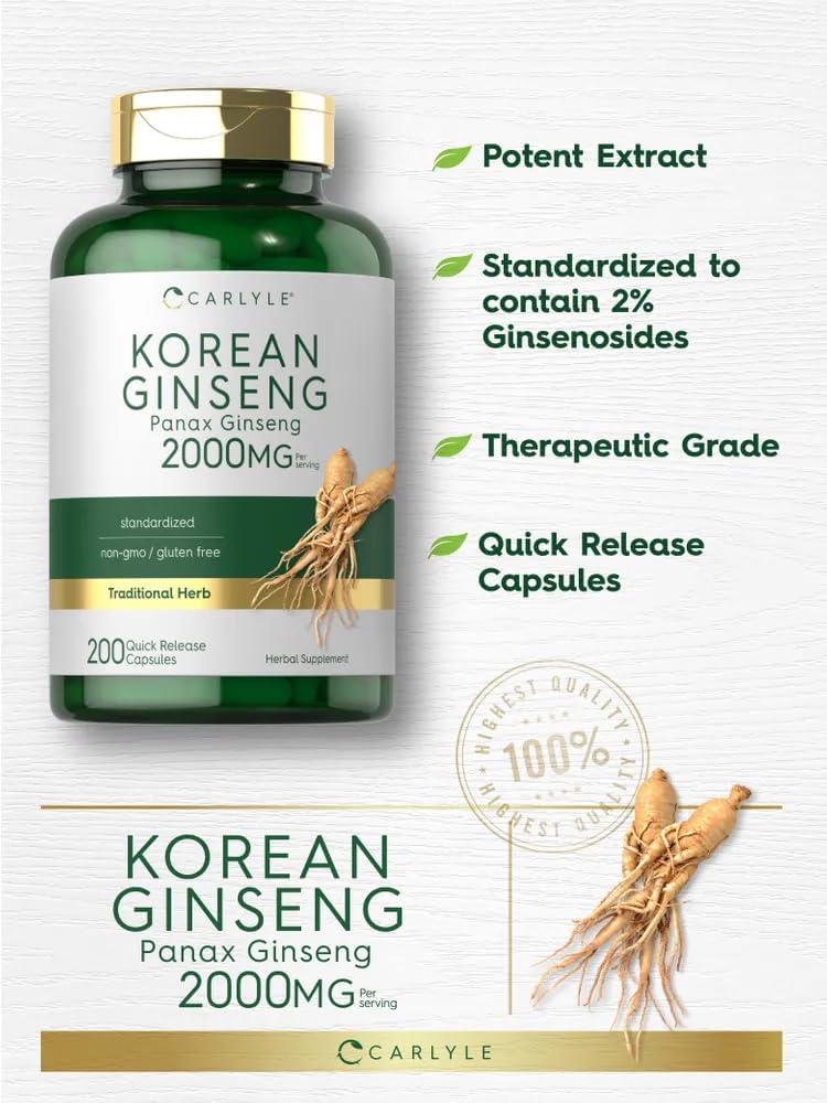 Carlyle Cápsulas de extracto de ginseng coreano de 2000 mg  200 cápsulas  Fórmula sin OMG y sin gluten  Suplemento estandarizado de Panax Ginseng