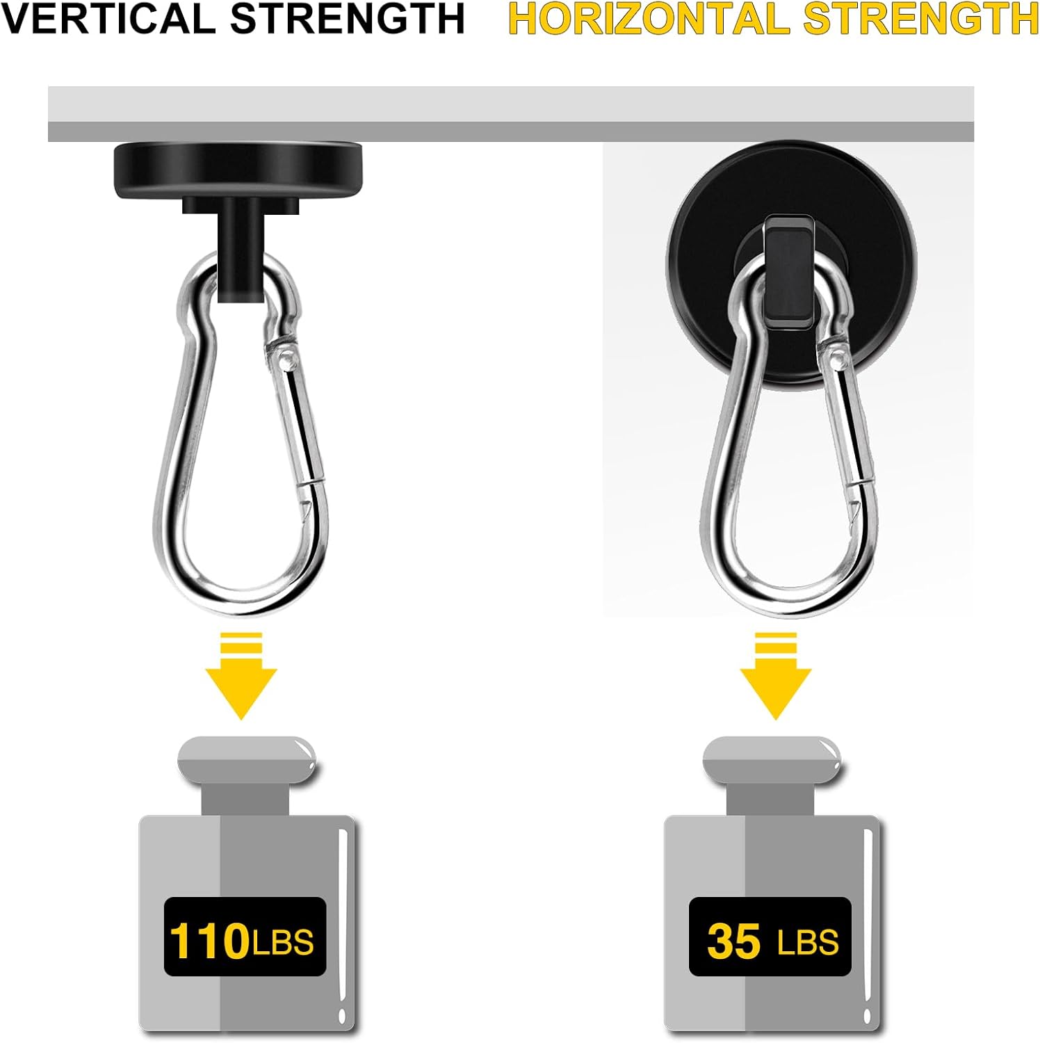 DIYMAG Ganchos magnéticos negros, ganchos magnéticos de neodimio resistentes de 110 libras con gancho de mosquetón giratorio, ideal para tu