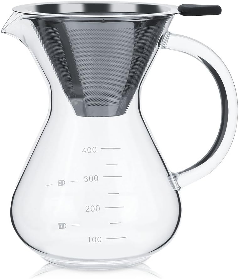 Glass Hand Drip Coffee Maker Pot with Stainless Steel Permanent Filter – 400ML with Scale