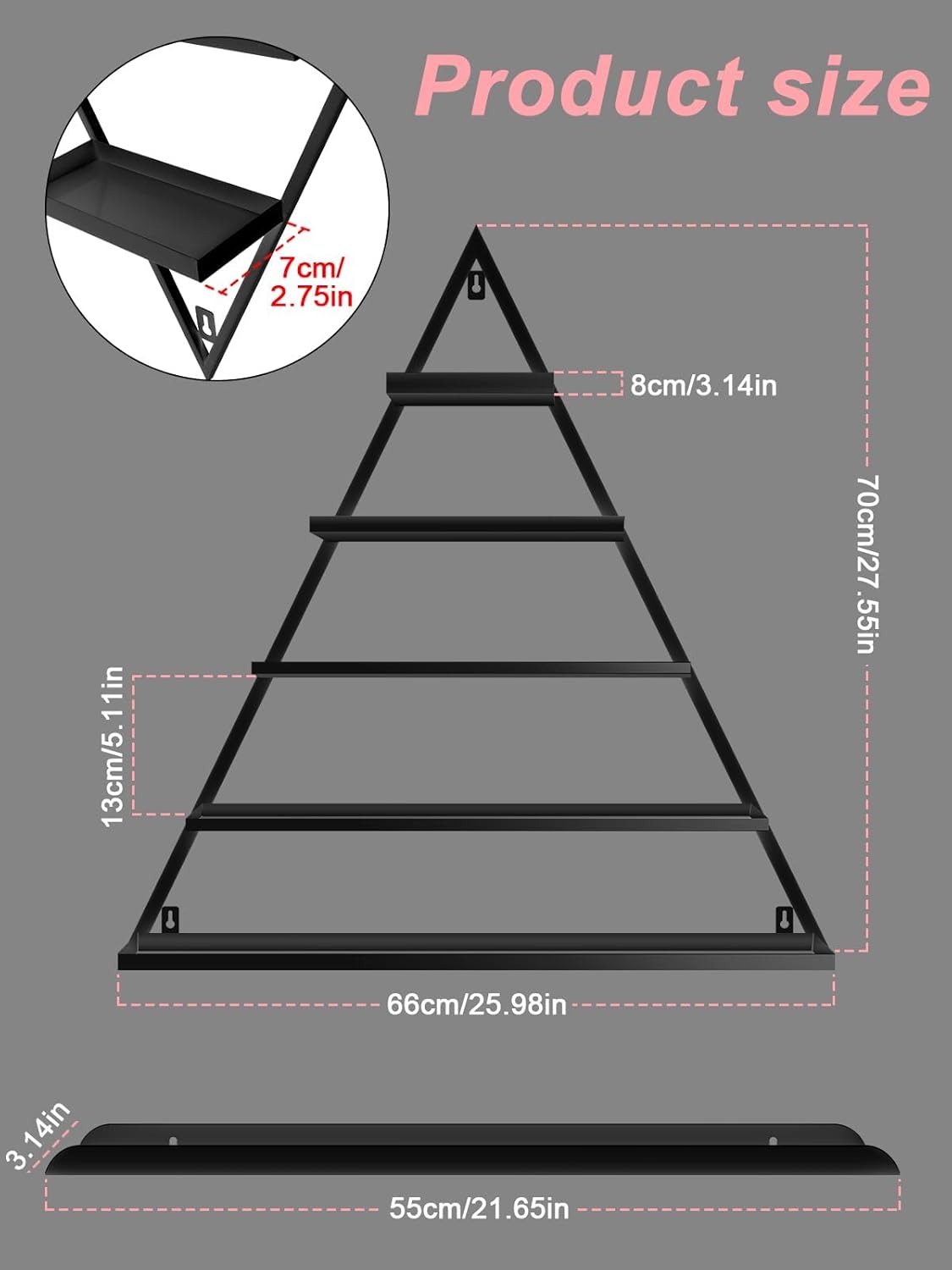 10 estantes de almacenamiento de esmalte de uñas de metal para montaje en pared, 5 niveles, color negro, triangular, vitrina de cosméticos, lápiz
