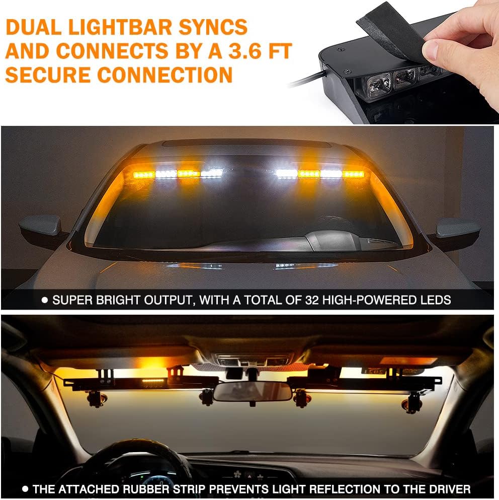 Xprite Barra de luz LED estroboscópica de doble visera, parasol para parabrisas, advertencia de peligro de emergencia, advertencia de advertencia