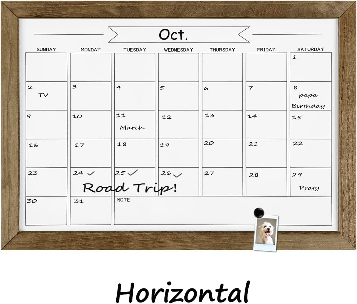 Pizarra de calendario mensual de borrado en seco, pizarra blanca magnética para pared, oficina, escuela, hogar, marco de madera para colgar lista de