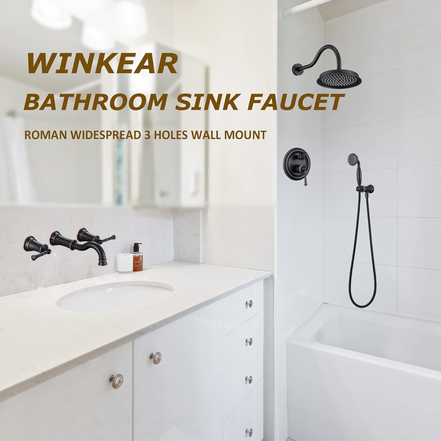 Grifo de fregadero de baño de montaje en pared, 3 agujeros, ORB, 2 manijas de palanca, 8 pulgadas, grifo de lavabo generalizado, caño giratorio de