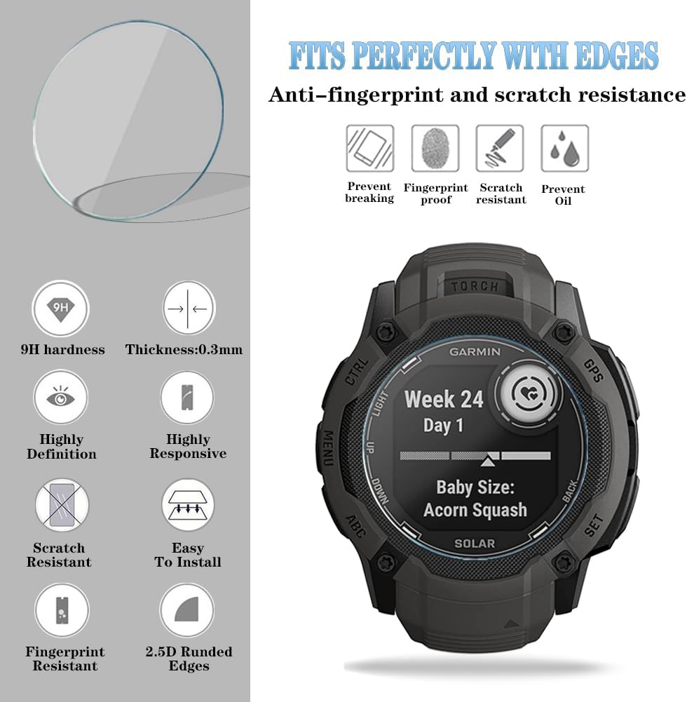 Protector de pantalla de reloj (3+1 unidad) compatible con Garmin Instinct 2x Solar, película de vidrio templado, antiarañazos, cobertura completa